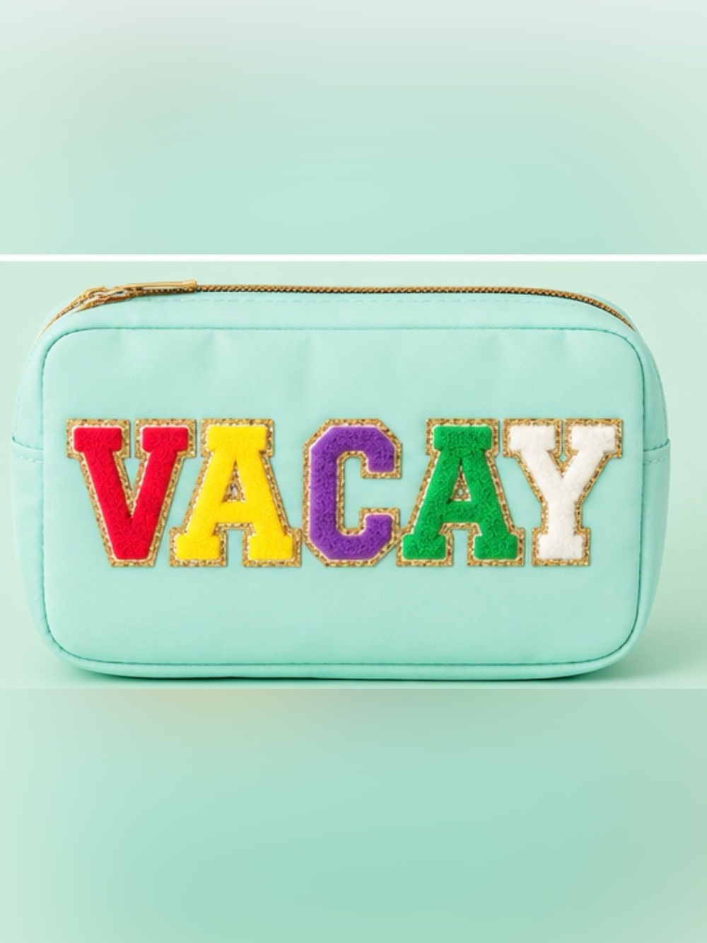 Mint ‘VACAY’ nylon Travel Pouch with Gold Trim varsity letter patches